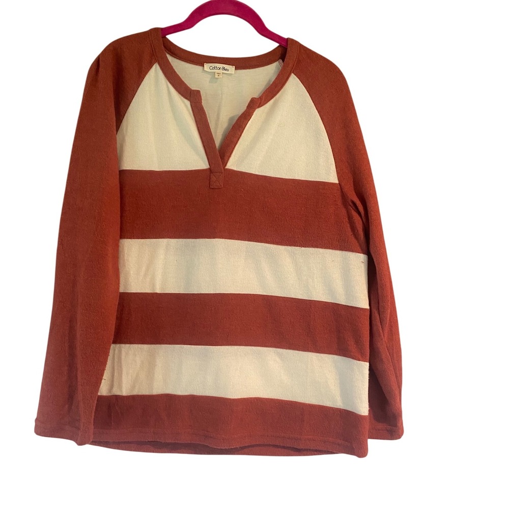 Cotton Bleu Women Striped Raglan Long Sleeve V Neck Henley Top Shirt Size S